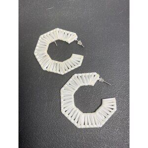 Octagonal White Woven Hoop Earrings With Silver Posts